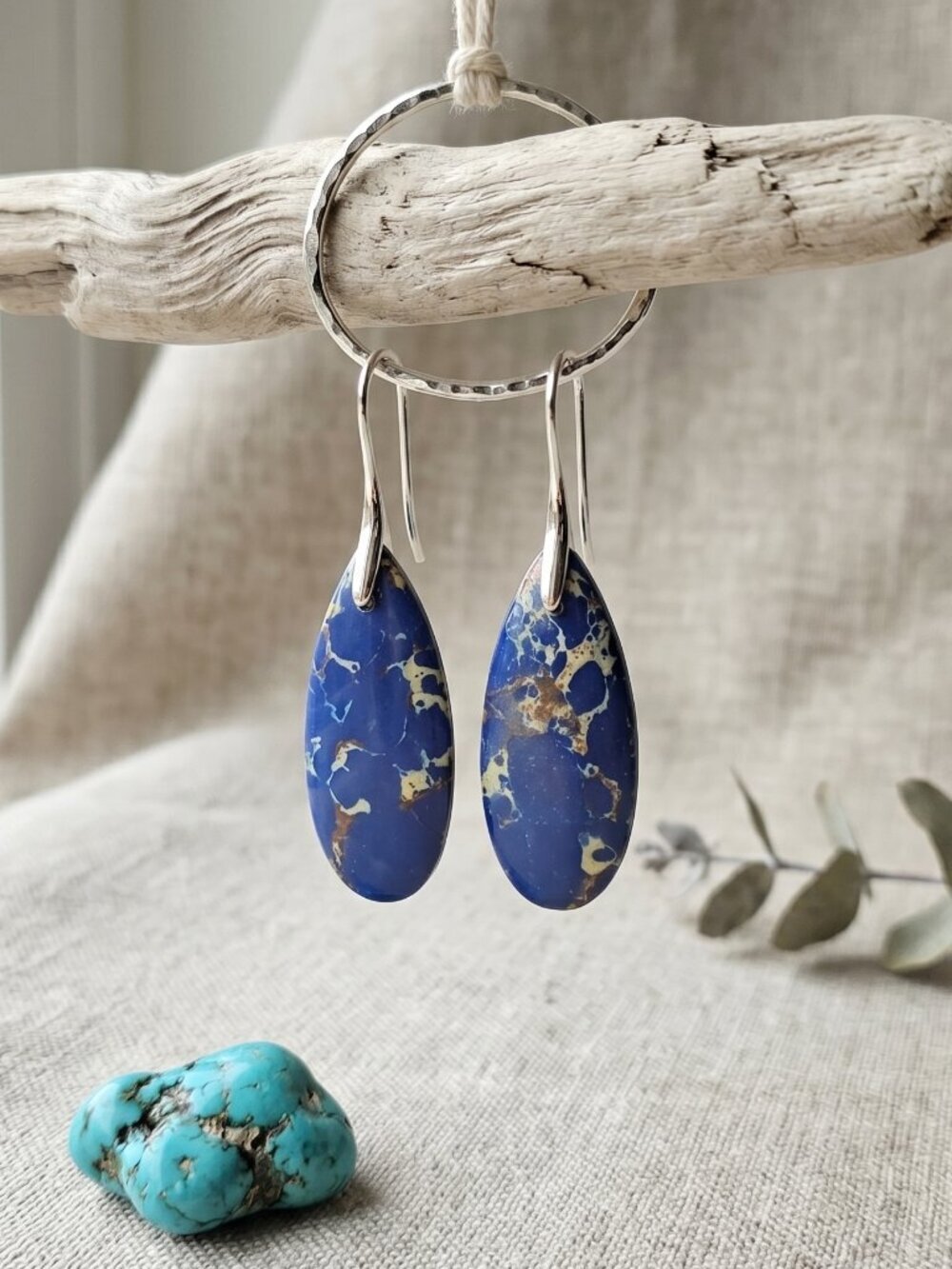 Silver Plated Blue Imperial Jasper Gold Matrix Boho Witchy Drop Earrings 2in